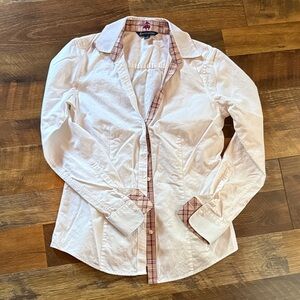 Brooks Brothers White and Pink Plaid Trim Button-Down Shirt